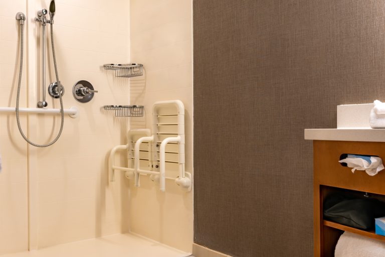 A clean hotel bathroom with an accessible shower entry as well as folding shower seating options and a handrail.