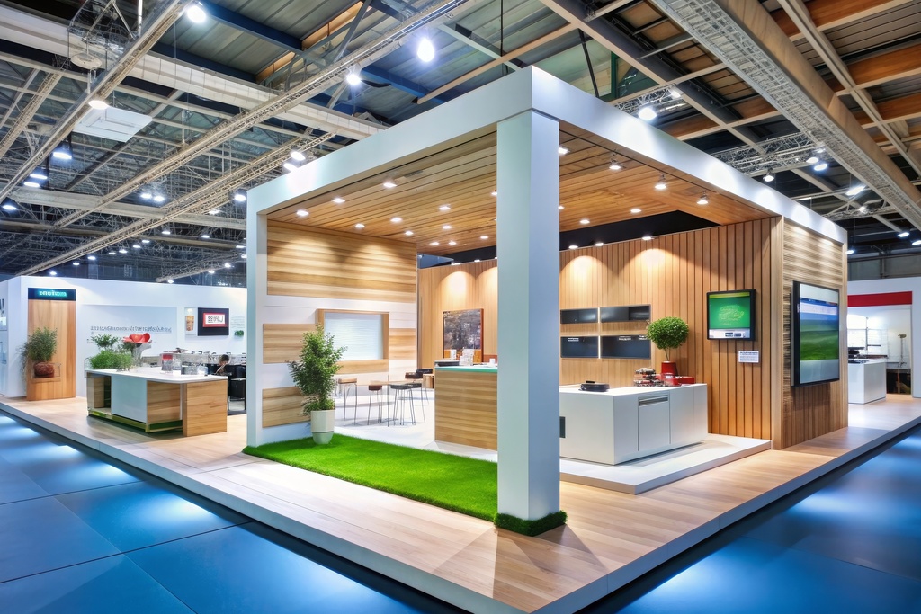 An elaborate trade show exhibit with wood paneled walls, a white frame for the space, and a green patch of turf grass.