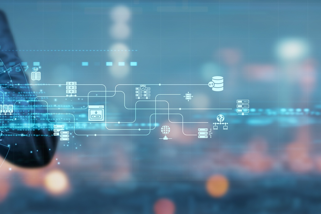 A man in a business suit holds his hands as if cradling the digital graphic representing web and cloud operations.