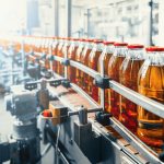 A conveyor line in a beverage production facility full of glass bottled beverages. They all have red caps.