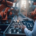 Someone looking at a tablet with a manufacturing arm blueprint on it. One of these arms is working on parts in front of them.