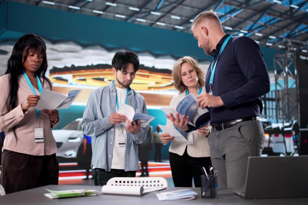 Four people wearing badges stand together looking at brochures and papers inside a large indoor exhibition hall.