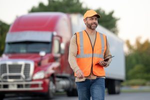 A man in an orange hat and orange safety vest holding a tablet while standing in front of a red and white semitruck.