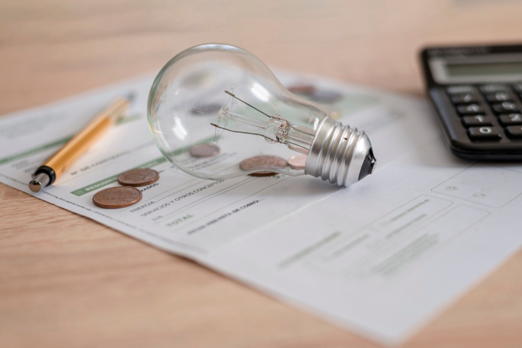 A printed electricity bill on a desk beside a glowing light bulb, scattered coins, a calculator, and a pen.
