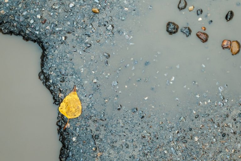 Asphalt is broken up and there is standing water. There is a leaf next to the puddle in the asphalt.