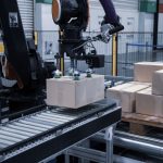 A robotic arm with a suction gripper placing a cardboard box on a conveyor beside a pallet stacked with boxes in a warehouse.