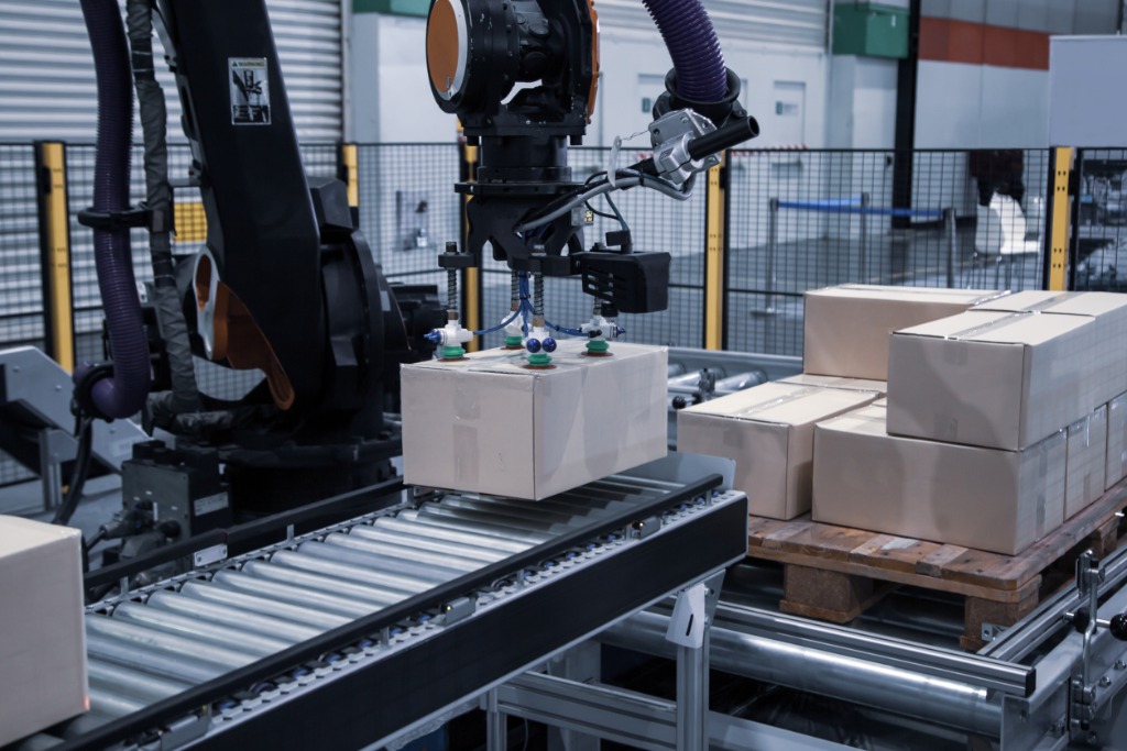 A robotic arm with a suction gripper placing a cardboard box on a conveyor beside a pallet stacked with boxes in a warehouse.