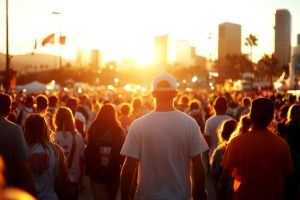 An outdoor event features hundreds of people walking down a street. In the background, the sun sets behind a city skyline.