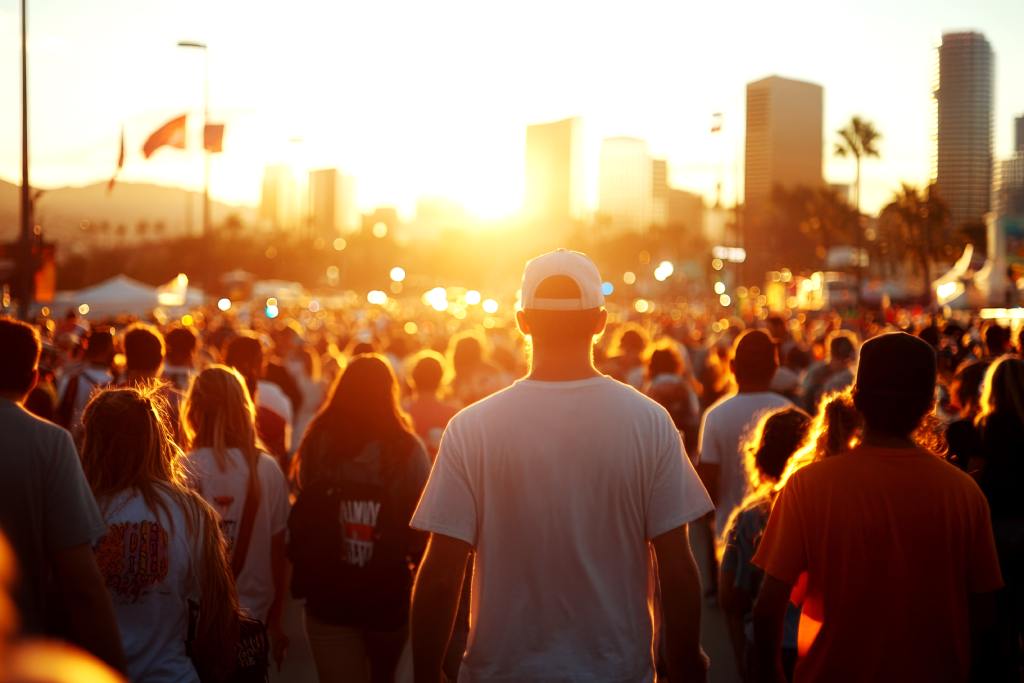 An outdoor event features hundreds of people walking down a street. In the background, the sun sets behind a city skyline.