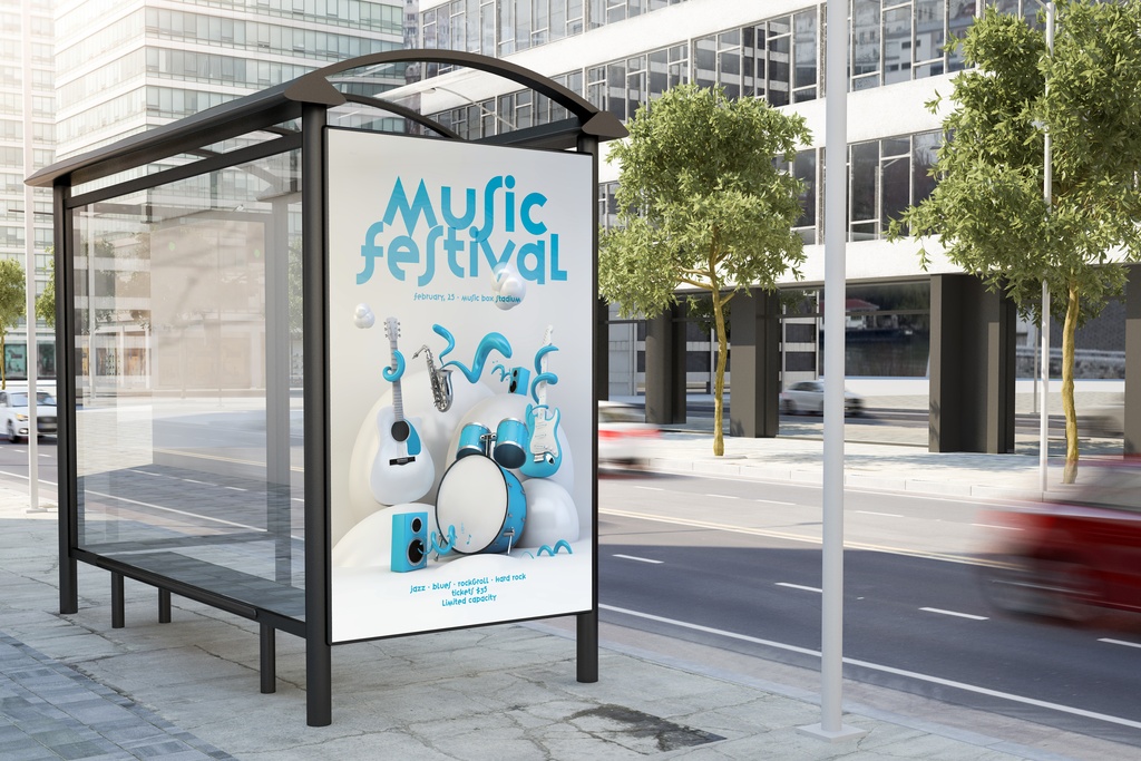 A bus transit shelter in an urban area displays a large poster of a music festival featuring various instruments.